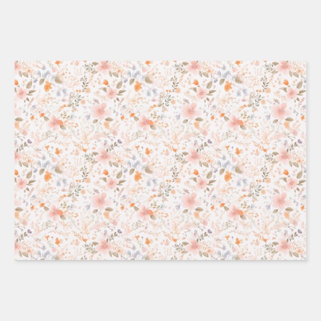 Summer Pastel Watercolor Flowers Wrapping Paper Sheet (Front)