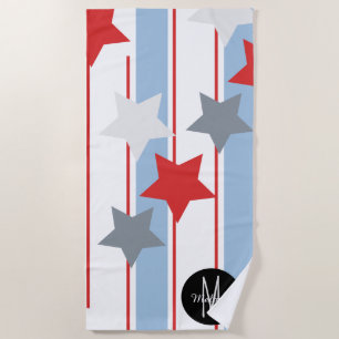 Summer Patriotic Vertical Stripes and Stars Beach Towel