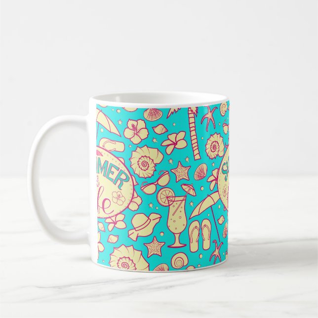Summer pattern on turquoise background: umbrella,s coffee mug (Left)