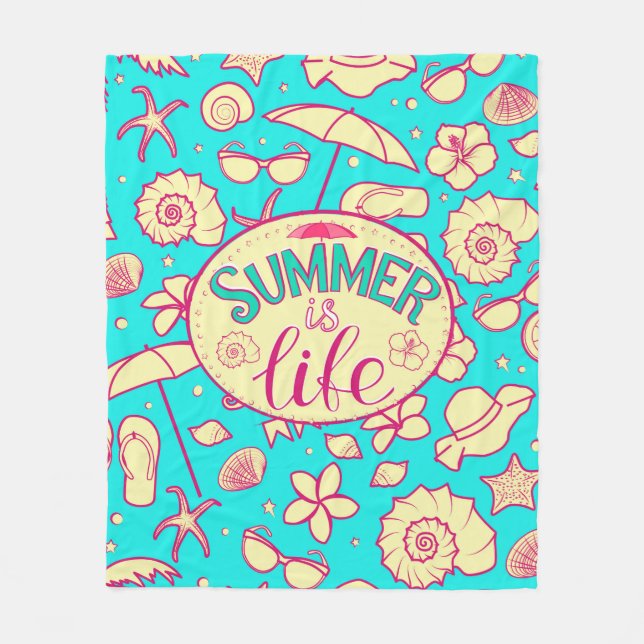 Summer pattern on turquoise background: umbrella,s fleece blanket (Front)