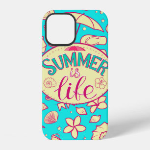 Summer pattern on turquoise background: umbrella,s iPhone 12 case