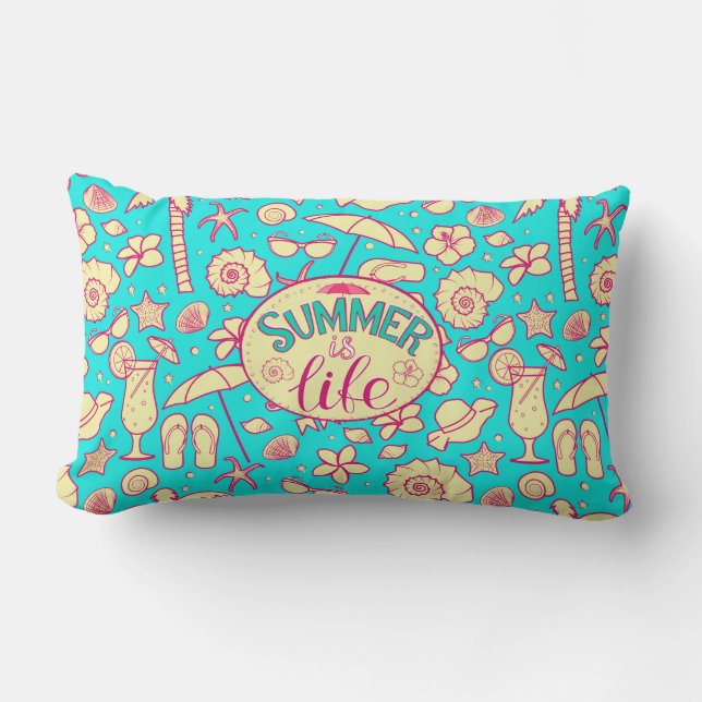 Summer pattern on turquoise background: umbrella,s lumbar cushion (Front)