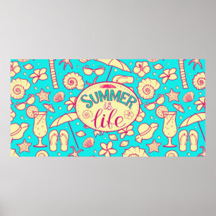 Summer pattern on turquoise background: umbrella,s poster