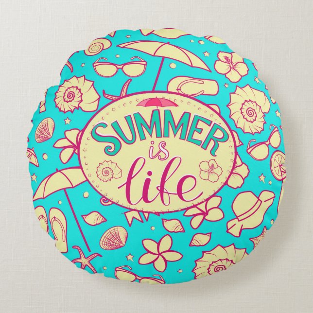 Summer pattern on turquoise background: umbrella,s round cushion (Front)