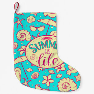 Summer pattern on turquoise background: umbrella,s small christmas stocking