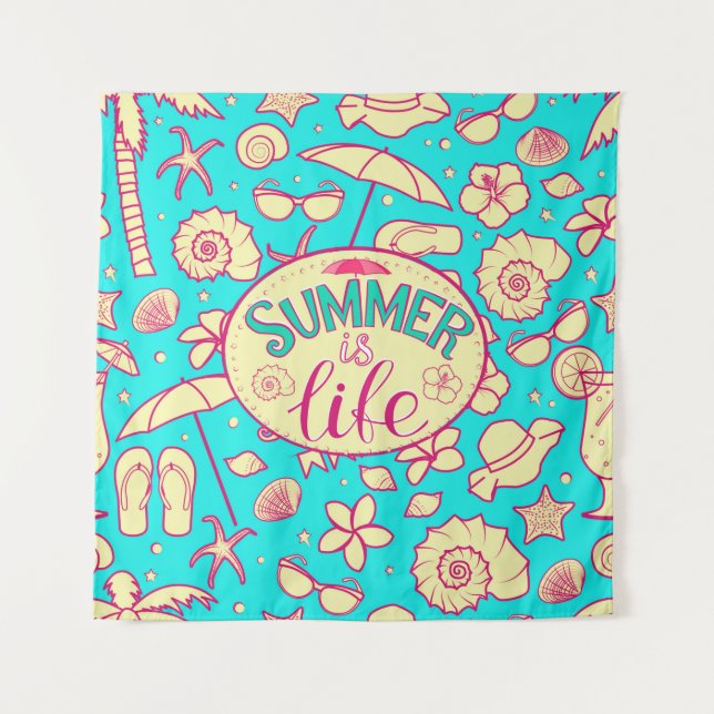 Summer pattern on turquoise background: umbrella,s tapestry (Front)