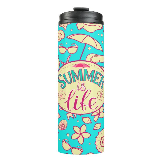Summer pattern on turquoise background: umbrella,s thermal tumbler (Front)