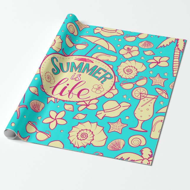 Summer pattern on turquoise background: umbrella,s wrapping paper (Unrolled)