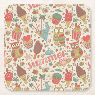 Summer Pattern With Ice Cream Square Paper Coaster