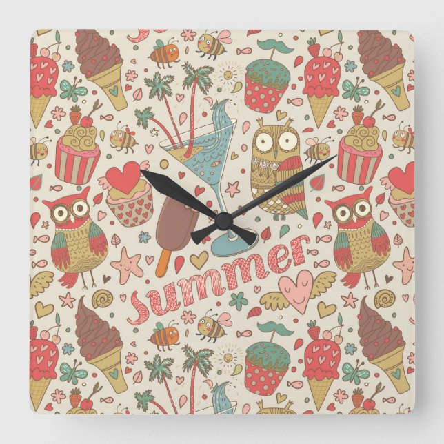 Summer Pattern With Ice Cream Square Wall Clock (Front)