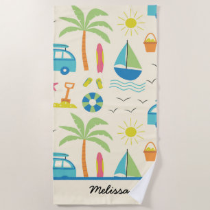 Summer Pattern with Palm tree sun and boats custom Beach Towel