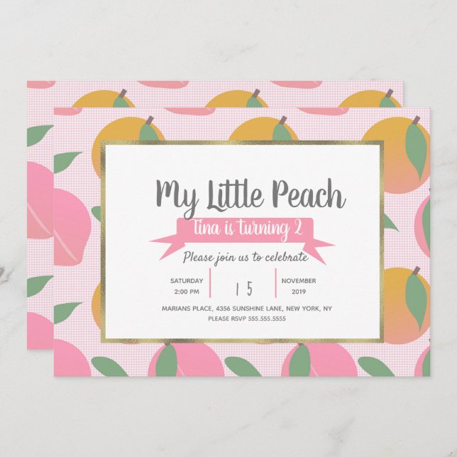 Summer Peach Pattern Fruit Birthday Party Pink Invitation (Front/Back)