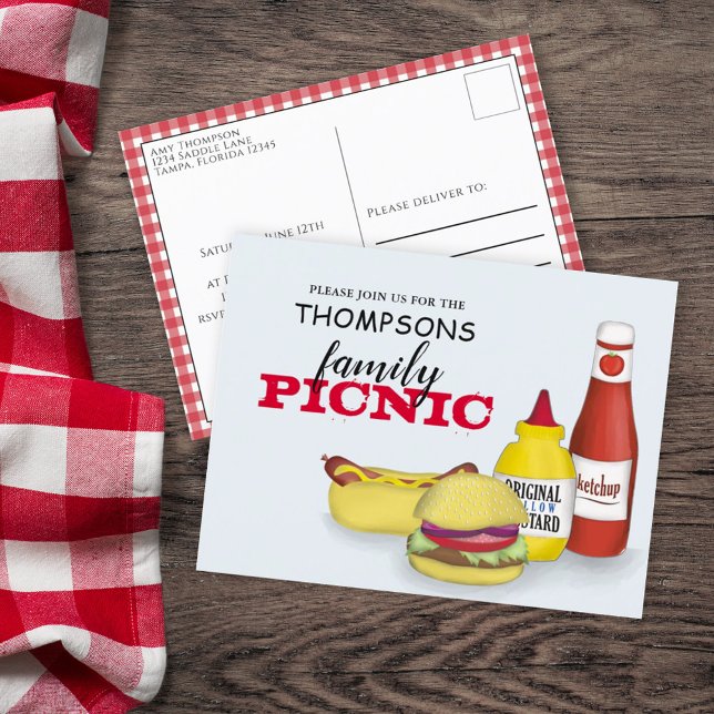 Summer Picnic Barbeque Family Reunion Hamburger Postcard (Summer family reunion casual picnic postcard template. )