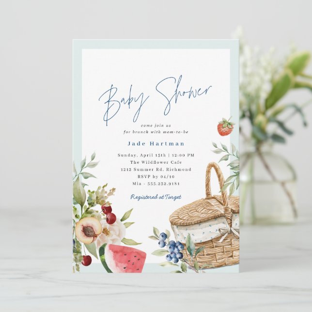 Summer Picnic | Cute Blue Boy Baby Shower Brunch Invitation (Standing Front)