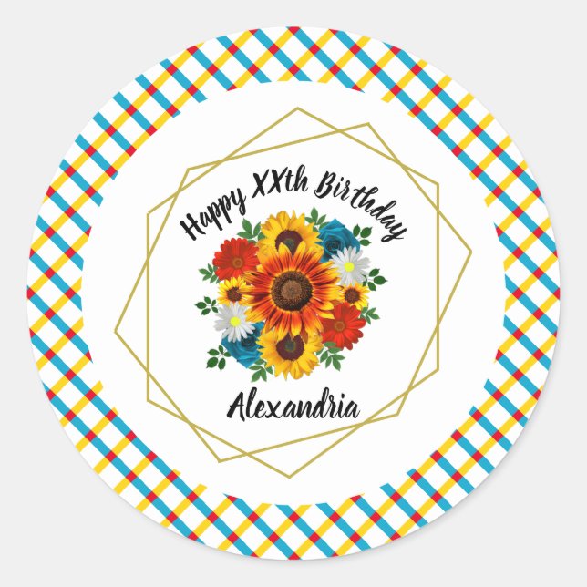 Summer Picnic Party Geometric Floral Classic Round Sticker (Front)