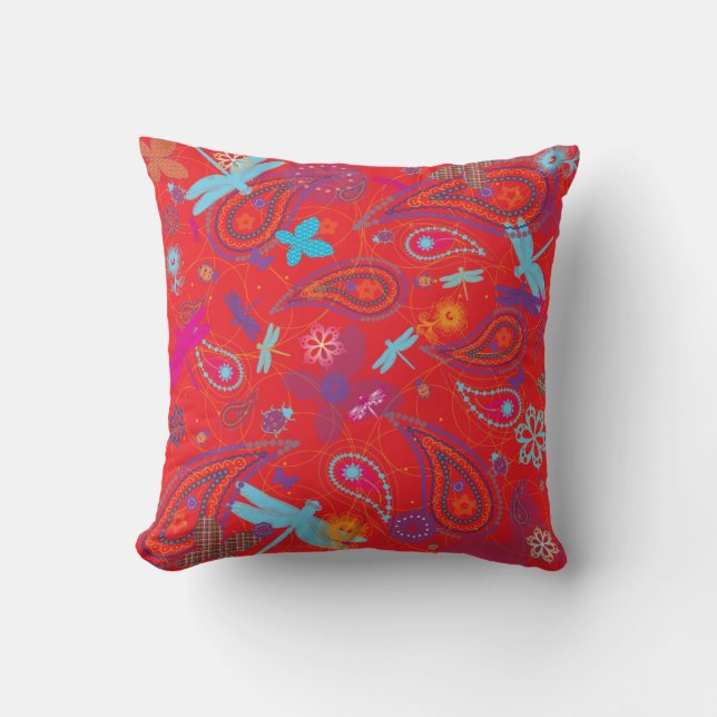 "Summer Picnic" Retro Red Two Patterned American M Cushion (Front)
