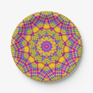 Summer Picnic Yellow Plaid Kaleidoscope Paper Plate