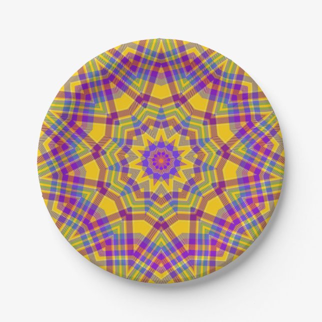Summer Picnic Yellow Plaid Kaleidoscope Paper Plate (Front)