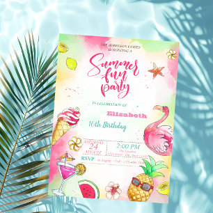 Summer, Pineapple, Flamingo Birthday Party Invitation