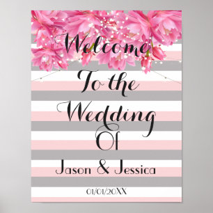 Summer pink and grey stripes Floral Lace wedding Poster