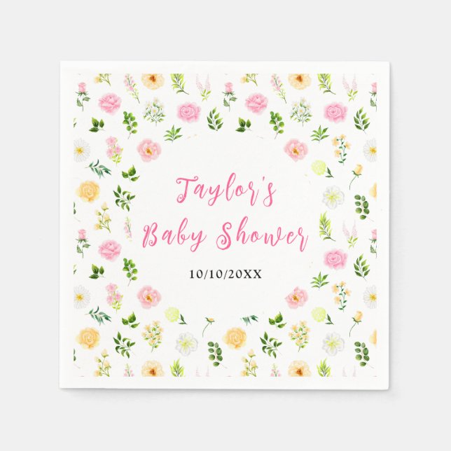 Summer Pink and Yellow Floral Baby Shower Napkin (Front)