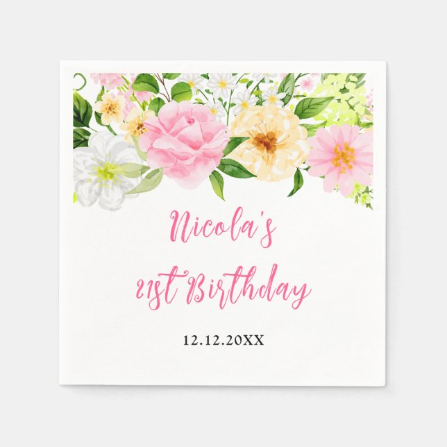 Summer Pink and Yellow Floral Birthday Napkin (Front)