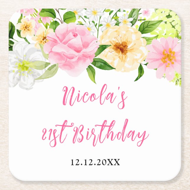 Summer Pink and Yellow Floral Birthday Square Paper Coaster (Front)