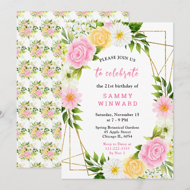 Summer Pink and Yellow Flowers and Foliage Invitation (Front/Back)