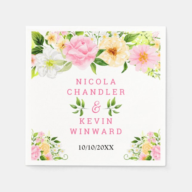 Summer Pink and Yellow Flowers and Foliage Napkin (Front)