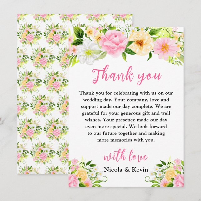 Summer Pink and Yellow Flowers and Foliage Thank You Card (Front/Back)
