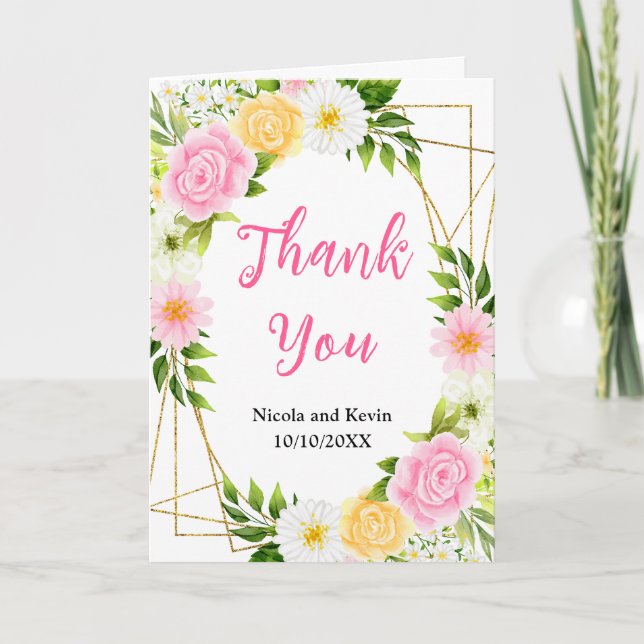 Summer Pink and Yellow Flowers and Foliage Thank You Card (Front)