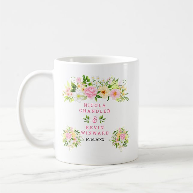 Summer Pink and Yellow Flowers and Foliage Wedding Coffee Mug (Left)