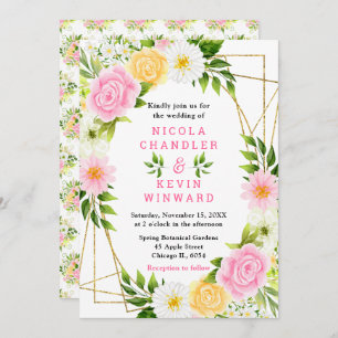 Summer Pink and Yellow Flowers and Foliage Wedding Invitation