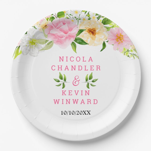 Summer Pink and Yellow Flowers and Foliage Wedding Paper Plate (Front)
