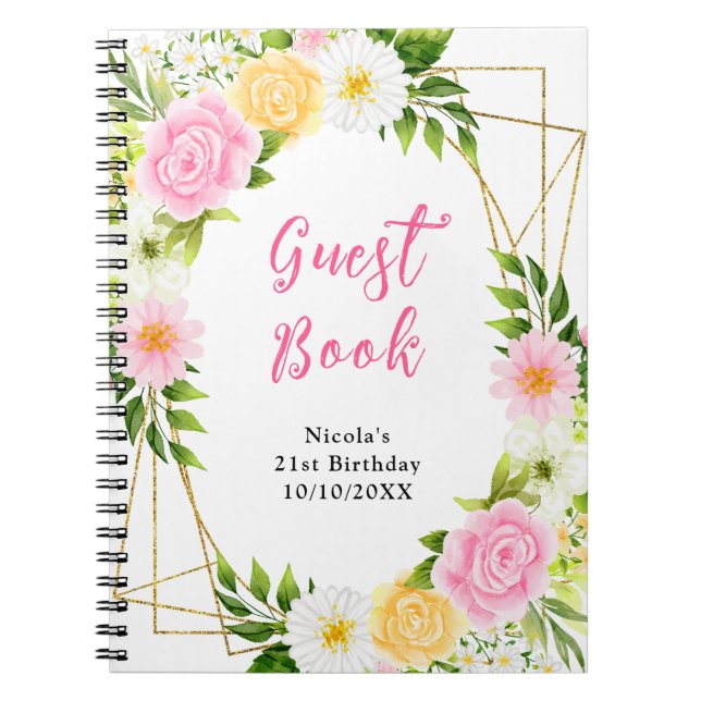Summer Pink and Yellow Flowers Birthday Guest Book (Front)