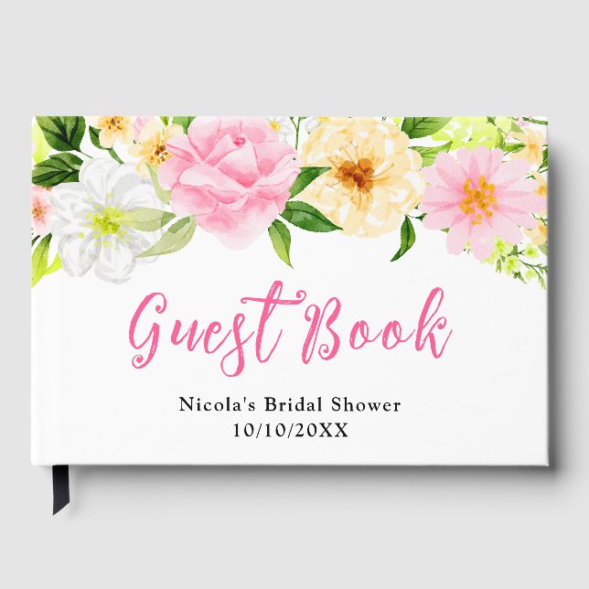Summer Pink and Yellow Flowers Bridal Shower Guest Book (Front)