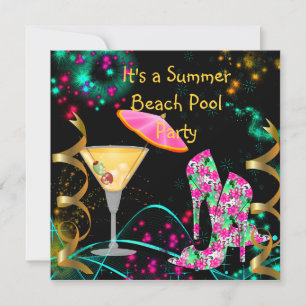 Summer Pink Black Beach Pool Party Invitation