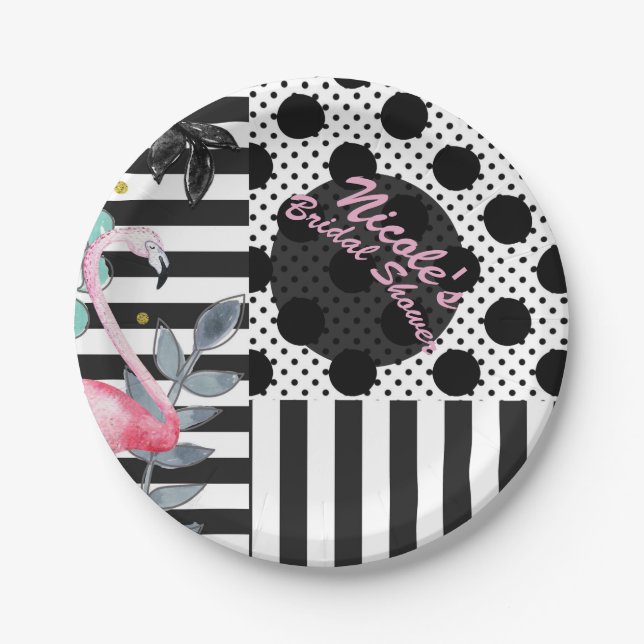 Summer Pink Flamingo Polka Dot Fun Funky Party Paper Plate (Front)