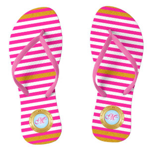 Summer Pink Gold Stripes Monogrammed Beach Thongs