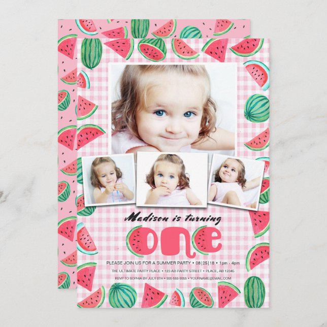 Summer Pink & Green First Birthday Watermelon Invitation (Front/Back)