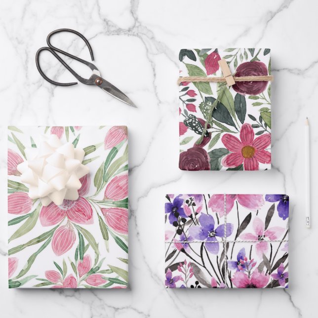 Summer Pink Green Watercolor Blooming Flowers Wrapping Paper Sheet (Front)