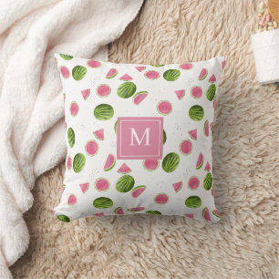 Summer Pink & Green Watermelon Monogram Initials Cushion
