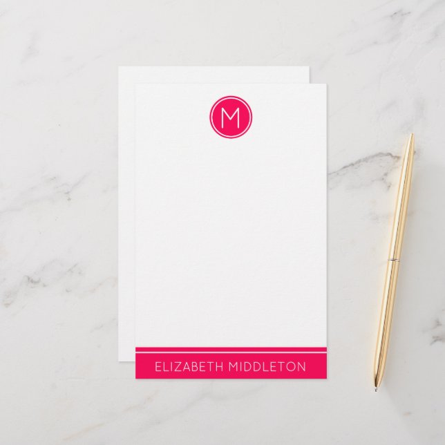 Summer Pink Monogram on White Stationery (Front/Back In Situ)