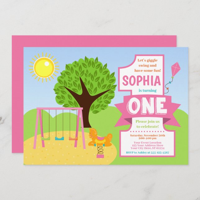 Summer Pink Playground Park 1st Birthday Invitation (Front/Back)