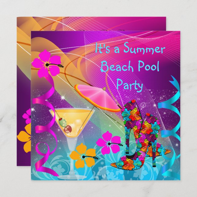 Summer Pink Teal Beach Pool Cocktail Party Invitation (Front/Back)