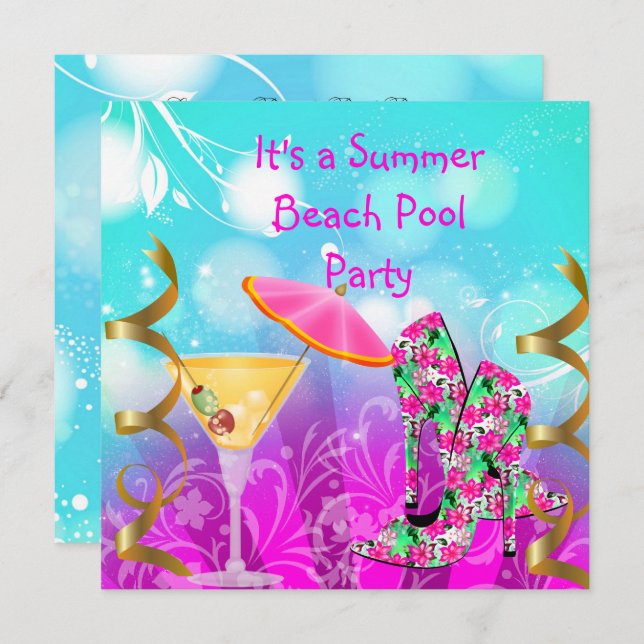 Summer Pink Teal Beach Pool Party Invitation (Front/Back)