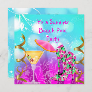 Summer Pink Teal Beach Pool Party Invitation