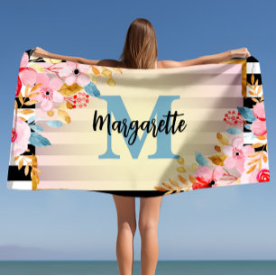 Summer Pink Watercolor Floral Monogram and Name Beach Towel