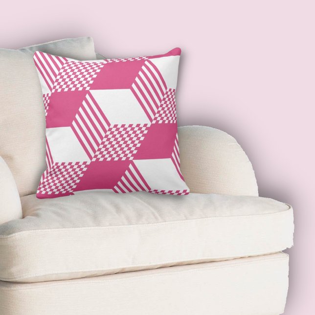 Summer Pink & White Stripe Diamond Chequered  Cushion (Summer Pink & White Stripe Diamond Checker Pattern Throw Pillow)