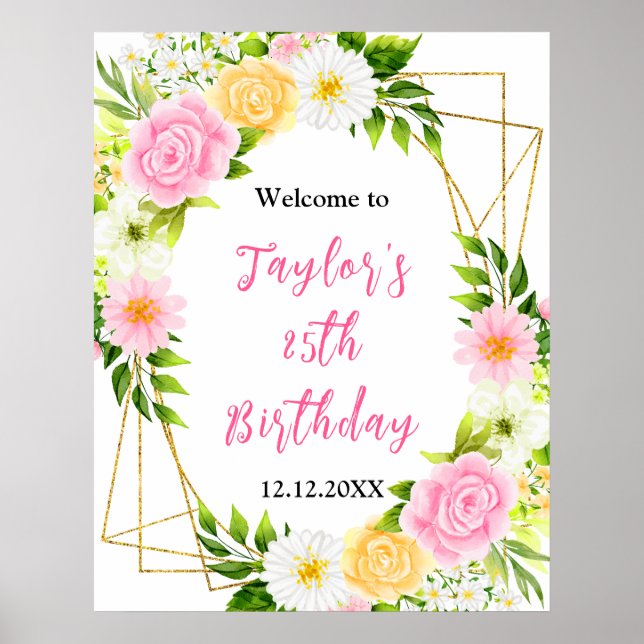 Summer Pink Yellow Birthday Party Welcome Sign (Front)